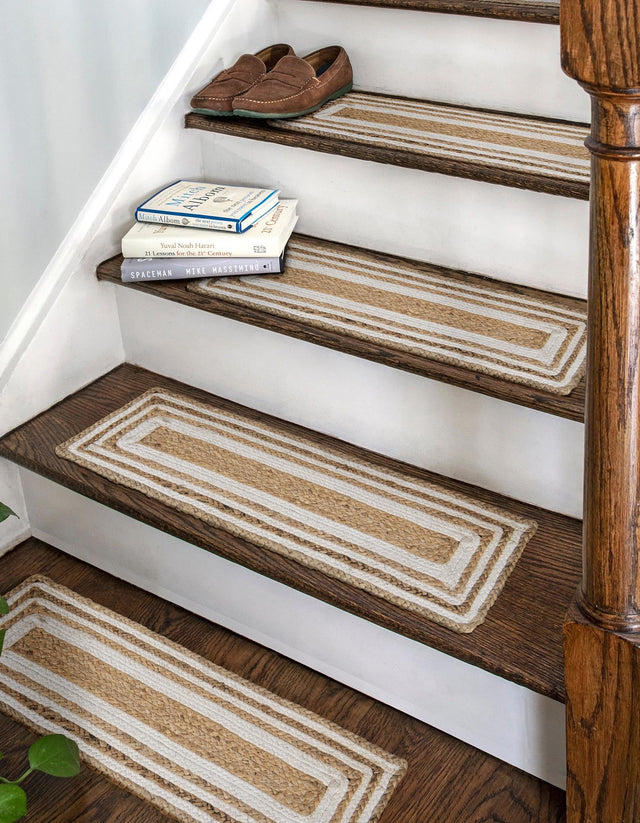 13 pcs Natural and White 0' 9 x 2' 6 Braided Jute Indoor Stair Treads Accent Area Rug Staircase Set 100% Jute Hand Braided Natural Eco-Friendly Boho Style Carpet for Living Rooms Dining Office Space Dorms for Sale at Rug Engine