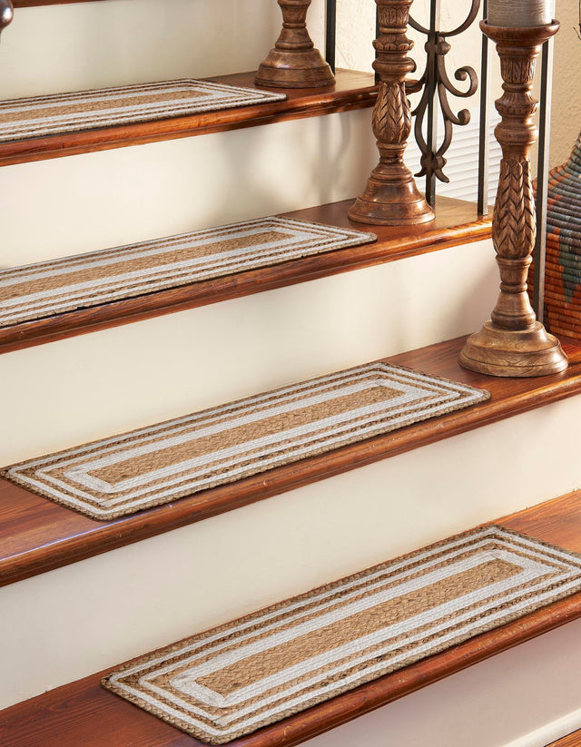13 pcs Natural and White 0' 9 x 2' 6 Braided Jute Indoor Stair Treads Accent Area Rug Staircase Set 100% Jute Hand Braided Natural Eco-Friendly Boho Style Carpet for Living Rooms Dining Office Space Dorms for Sale at Rug Engine