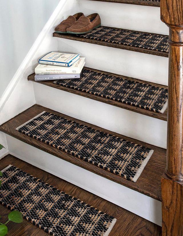 13 pcs Black 0' 9 x 2' 6 Chindi Jute Indoor Stair Treads Accent Area Rug Staircase Set Interior Design Home Decor Carpet Mat for Sale at Rug Engine