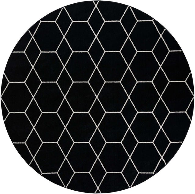 Black 10' x 10' Trellis Frieze Round Area Rug Geometric Modern Unique Stain Resistant Easy Clean Carpet for Living, Dining, Bedrooms, Office for Sale at Rug Engine