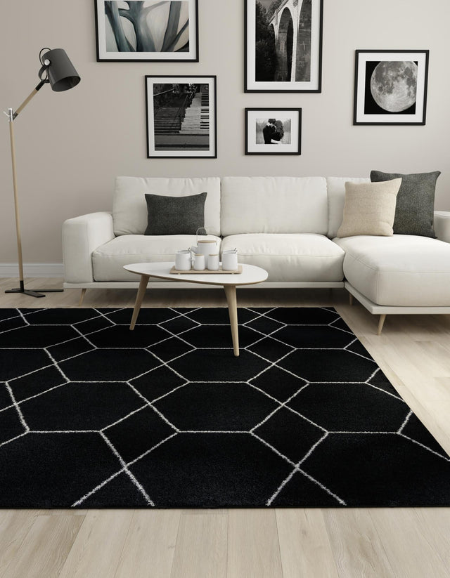 Black 10' x 10' Trellis Frieze Square Area Rug Geometric Modern Unique Stain Resistant Easy Clean Carpet for Living, Dining, Bedrooms, Office for Sale at Rug Engine