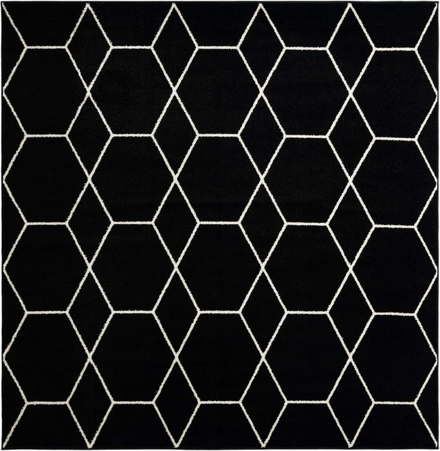 Black 7' 10 x 7' 10 Trellis Frieze Square Area Rug Geometric Modern Unique Stain Resistant Easy Clean Carpet for Living, Dining, Bedrooms, Office for Sale at Rug Engine