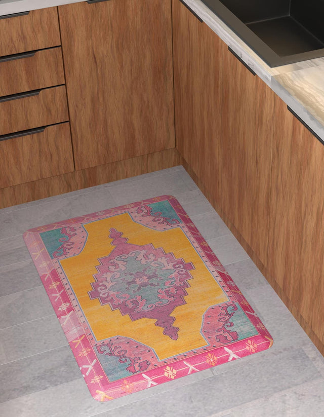 Anti-Fatigue Sunburst Yellow and Pink 2' x 3' Comfort Standing Mat for Kitchen, Bath, Laundry Room, Office Colorful PVC Durable Non-Slip Water Resistant Spill Proof Rug Thick Rubber for Sale at Rug Engine