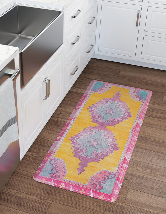 Anti-Fatigue Sunburst Yellow and Pink 2' x 3' Comfort Standing Mat for Kitchen, Bath, Laundry Room, Office Colorful PVC Durable Non-Slip Water Resistant Spill Proof Rug Thick Rubber for Sale at Rug Engine