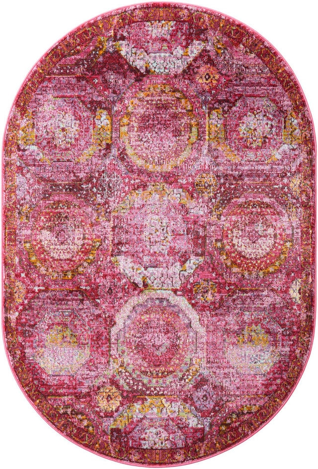 Pink 4' 1 x 6' 1 Baracoa Oval Area Rug 100% Polypropylene Distressed Vintage Living Dining Room Office Traditional Carpet for Sale at Rug Engine