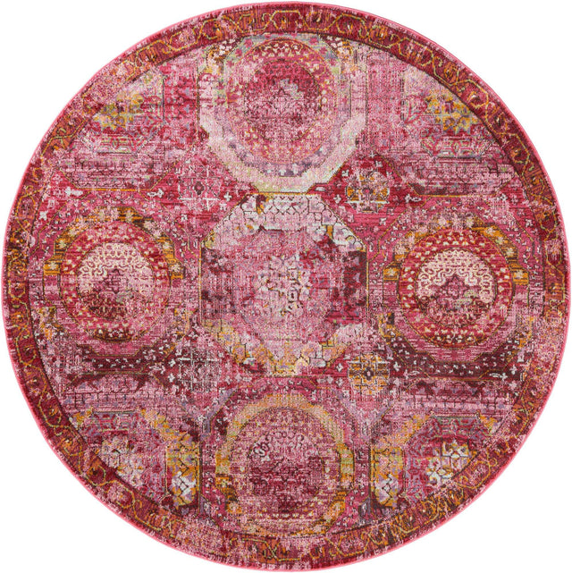 Pink 7' 1 x 7' 1 Baracoa Round Area Rug 100% Polypropylene Distressed Vintage Living Dining Room Office Traditional Carpet for Sale at Rug Engine