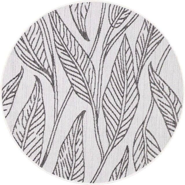 Charcoal Ivory 4' 1 x 4' 1 Outdoor Botanical Round Area Rug Weather Resistant for Patio, Deck, Terrace, Balcony, Porch Polypropylene Garden Floral Tropical Carpet for Sale at Rug Engine