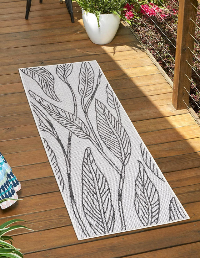 Charcoal Ivory 2' x 6' 1 Outdoor Botanical Runner Area Rug Weather Resistant for Patio, Deck, Terrace, Balcony, Porch Polypropylene Garden Floral Tropical Carpet for Sale at Rug Engine