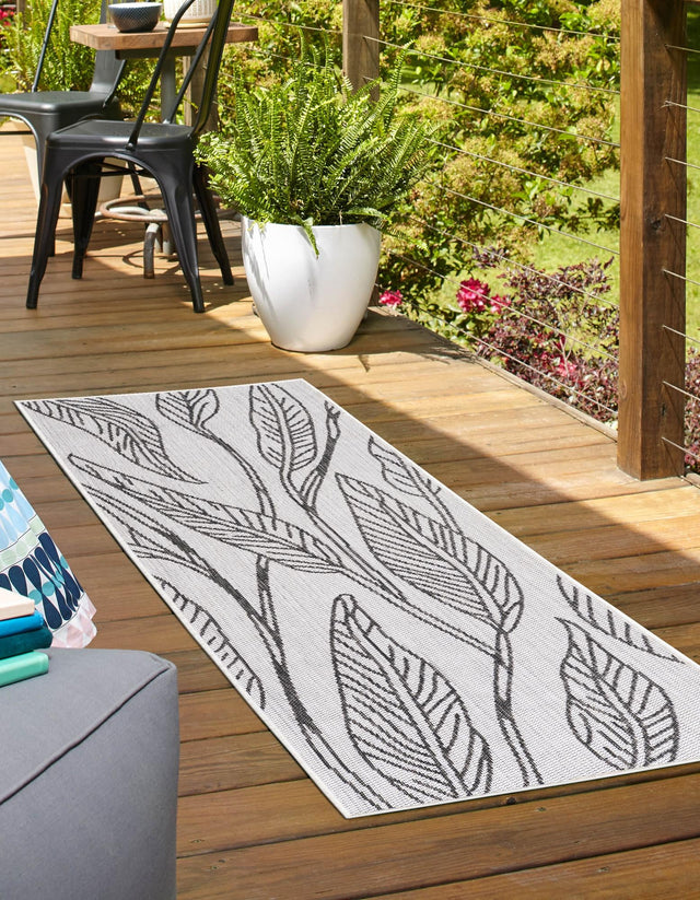 Charcoal Ivory 2' x 6' 1 Outdoor Botanical Runner Area Rug Weather Resistant for Patio, Deck, Terrace, Balcony, Porch Polypropylene Garden Floral Tropical Carpet for Sale at Rug Engine