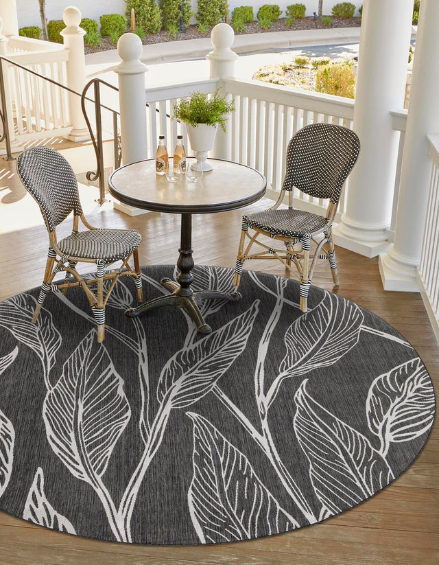 Ivory Charcoal 10' 8 x 10' 8 Outdoor Botanical Round Area Rug Weather Resistant for Patio, Deck, Terrace, Balcony, Porch Polypropylene Garden Floral Tropical Carpet for Sale at Rug Engine