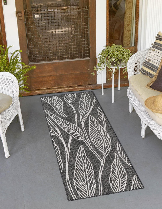Ivory Charcoal 2' x 6' 1 Outdoor Botanical Runner Area Rug Weather Resistant for Patio, Deck, Terrace, Balcony, Porch Polypropylene Garden Floral Tropical Carpet for Sale at Rug Engine