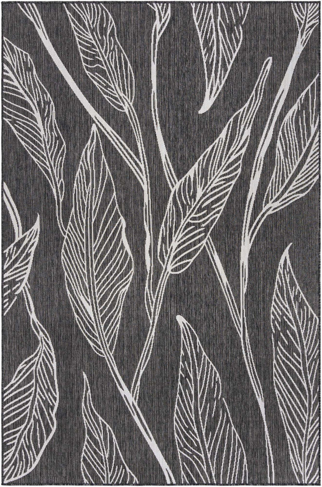 Ivory Charcoal 6' 1 x 9' Outdoor Botanical Rectangle Area Rug Weather Resistant for Patio, Deck, Terrace, Balcony, Porch Polypropylene Garden Floral Tropical Carpet for Sale at Rug Engine