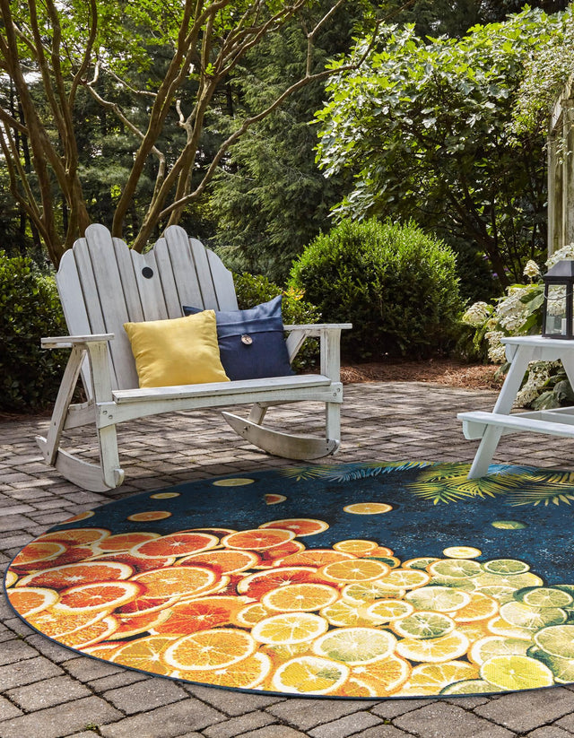 Multicolor 10' x 10' Outdoor Coastal Round Area Rug Weather Resistant for Patio, Deck, Terrace, Balcony, Porch 100% Polypropylene Coastal Decor Carpet for Sale at Rug Engine