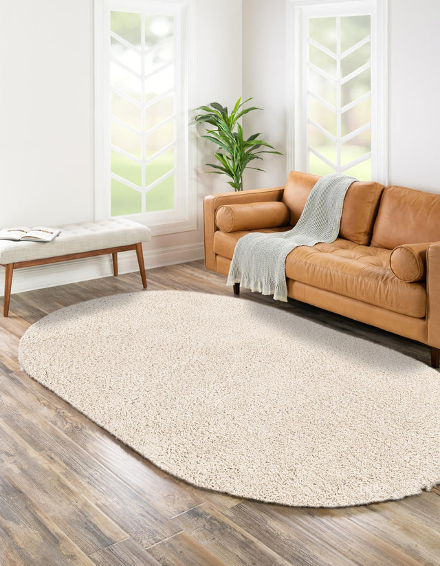 Oatmeal Beige 5' 3 x 8' Soft Solid Shag Oval Area Rug Thick Soft Touch Fluffy & Plush Shaggy Pile 100% Polypropylene Minimalist Carpet for Modern Home Interiors for Sale at Rug Engine