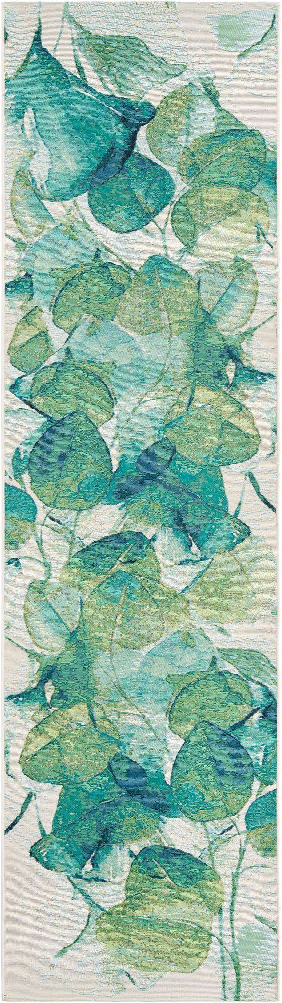 Blue Green 2' 7 x 10' Outdoor Botanical Runner Area Rug Weather Resistant for Patio, Deck, Terrace, Balcony, Porch Polypropylene Garden Floral Tropical Carpet for Sale at Rug Engine
