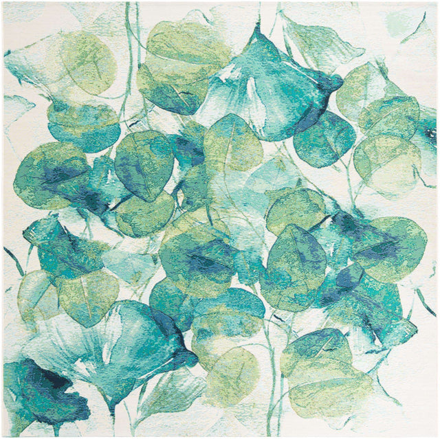 Blue Green 7' 10 x 7' 10 Outdoor Botanical Square Area Rug Weather Resistant for Patio, Deck, Terrace, Balcony, Porch Polypropylene Garden Floral Tropical Carpet for Sale at Rug Engine