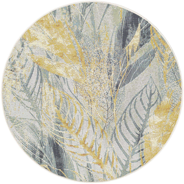 Gray Ivory Yellow 4' 1 x 4' 1 Outdoor Botanical Round Area Rug Weather Resistant for Patio, Deck, Terrace, Balcony, Porch Polypropylene Garden Floral Tropical Carpet for Sale at Rug Engine