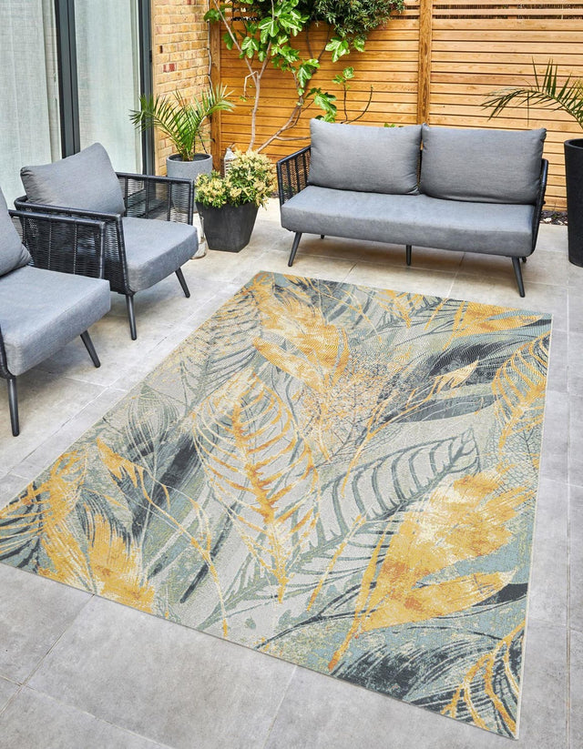 Gray Ivory Yellow 4' 1 x 6' 1 Outdoor Botanical Rectangle Area Rug Weather Resistant for Patio, Deck, Terrace, Balcony, Porch