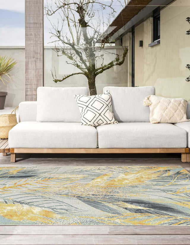 Gray Ivory Yellow 6' 1 x 9' Outdoor Botanical Rectangle Area Rug Weather Resistant for Patio, Deck, Terrace, Balcony, Porch Polypropylene Garden Floral Tropical Carpet for Sale at Rug Engine