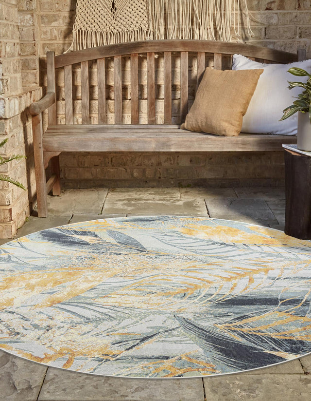 Gray Ivory Yellow 4' 1 x 4' 1 Outdoor Botanical Round Area Rug Weather Resistant for Patio, Deck, Terrace, Balcony, Porch Polypropylene Garden Floral Tropical Carpet for Sale at Rug Engine
