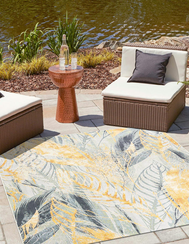 Gray Ivory Yellow 10' x 10' Outdoor Botanical Square Area Rug Weather Resistant for Patio, Deck, Terrace, Balcony, Porch Polypropylene Garden Floral Tropical Carpet for Sale at Rug Engine