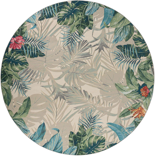 Multicolor 12' x 12' Outdoor Botanical Round Area Rug Weather Resistant for Patio, Deck, Terrace, Balcony, Porch Polypropylene Garden Floral Tropical Carpet for Sale at Rug Engine