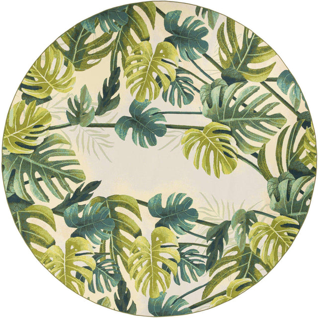 Green 12' x 12' Outdoor Botanical Round Area Rug Weather Resistant for Patio, Deck, Terrace, Balcony, Porch Polypropylene Garden Floral Tropical Carpet for Sale at Rug Engine