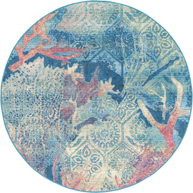 Multicolor 5' 3 x 5' 3 Outdoor Coastal Round Area Rug Weather Resistant for Patio, Deck, Terrace, Balcony, Porch 100% Polypropylene Coastal Decor Carpet for Sale at Rug Engine