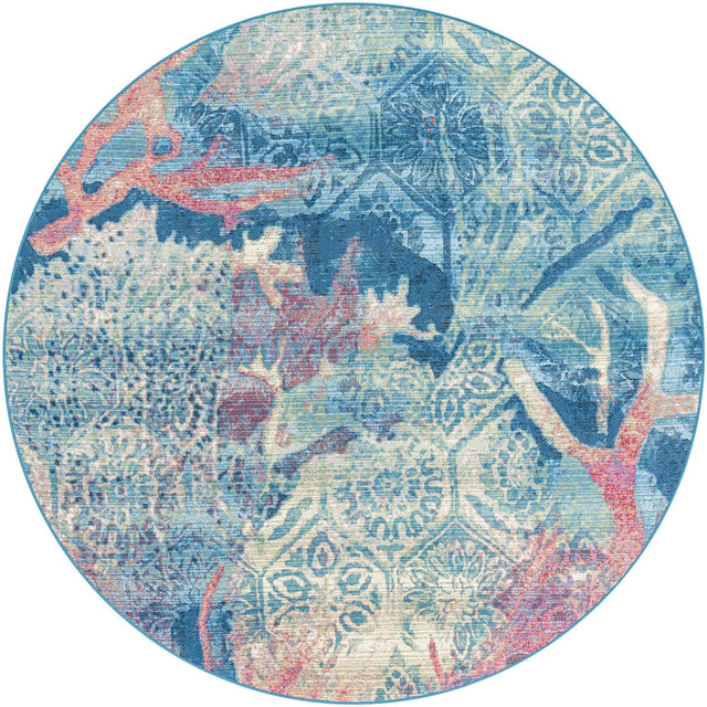 Multicolor 6' 1 x 6' 1 Outdoor Coastal Round Area Rug Weather Resistant for Patio, Deck, Terrace, Balcony, Porch 100% Polypropylene Coastal Decor Carpet for Sale at Rug Engine