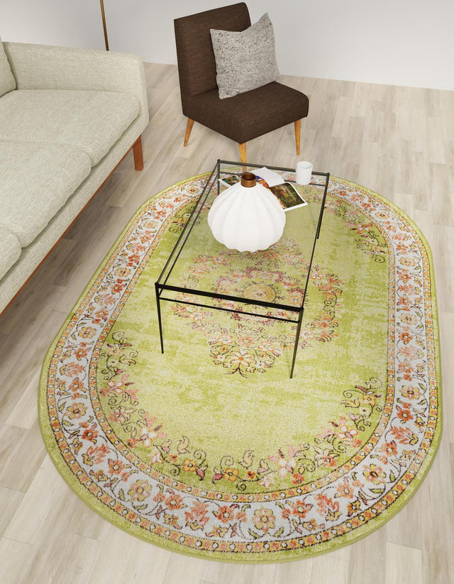 Green 5' 3 x 8' Lucerne Oval Area Rug 100% Polypropylene Traditional Classic Easy Clean Carpet for Kitchens, Living Rooms, Bedroom, Office for Sale at Rug Engine
