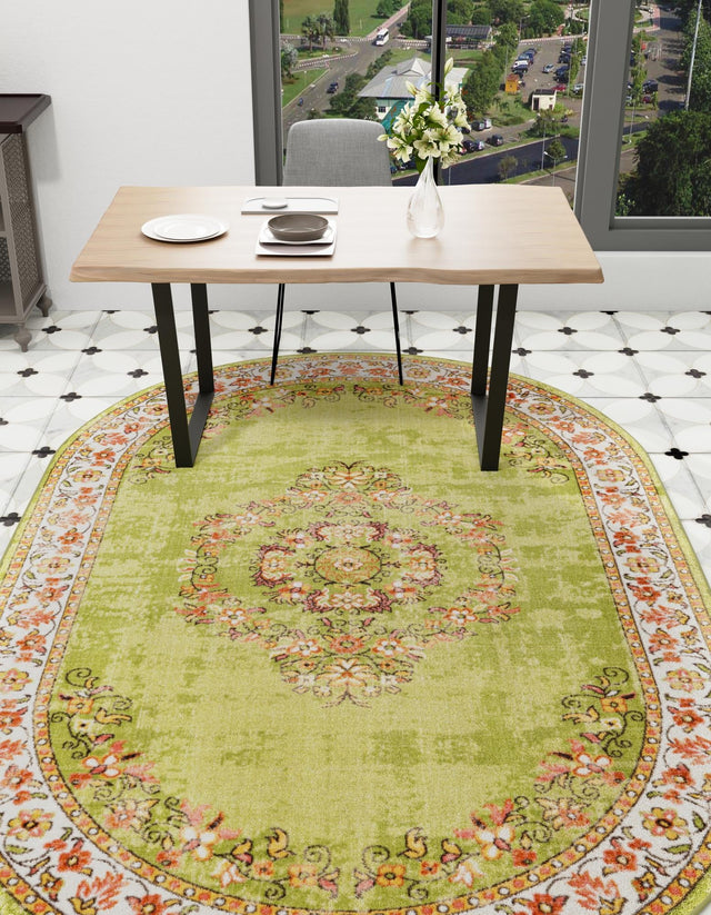 Green 5' 3 x 8' Lucerne Oval Area Rug 100% Polypropylene Traditional Classic Easy Clean Carpet for Kitchens, Living Rooms, Bedroom, Office for Sale at Rug Engine