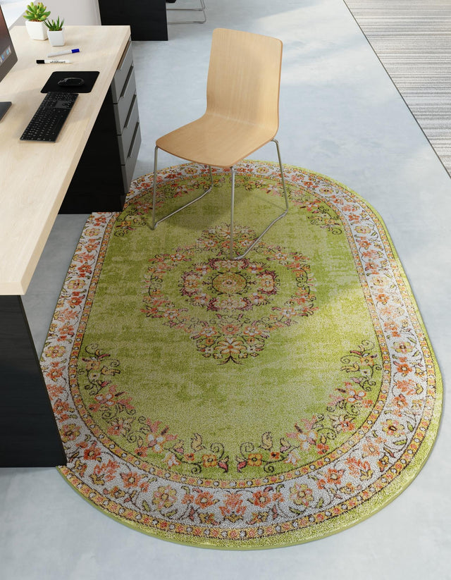 Green 5' 3 x 8' Lucerne Oval Area Rug 100% Polypropylene Traditional Classic Easy Clean Carpet for Kitchens, Living Rooms, Bedroom, Office for Sale at Rug Engine