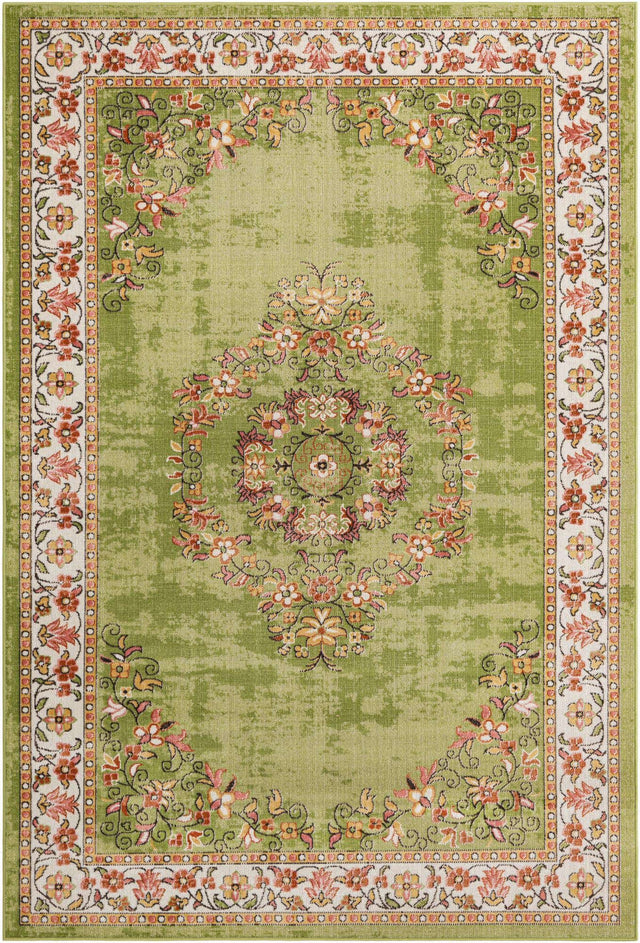Green 6' 1 x 9' Lucerne Rectangle Area Rug 100% Polypropylene Traditional Classic Easy Clean Carpet for Kitchens, Living Rooms, Bedroom, Office for Sale at Rug Engine