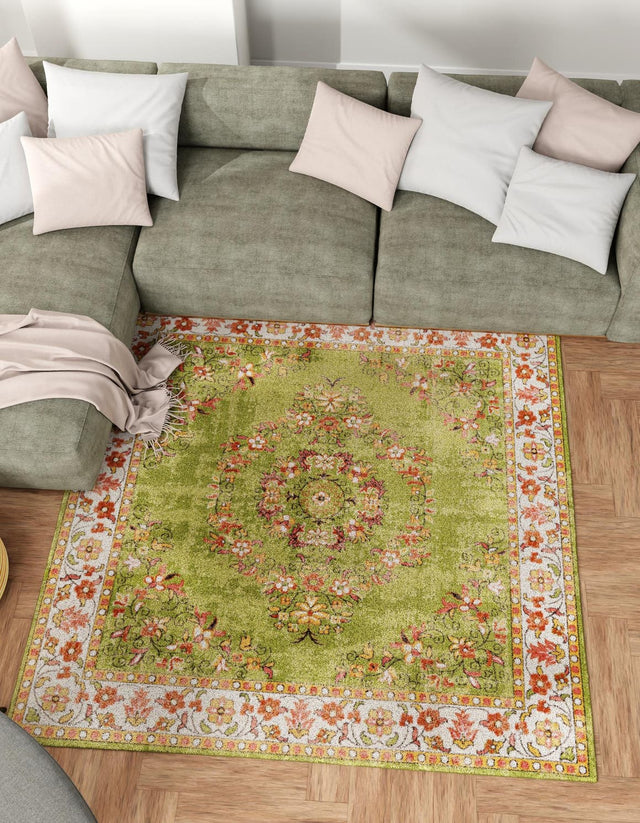 Green 7' 10 x 7' 10 Lucerne Square Area Rug 100% Polypropylene Traditional Classic Easy Clean Carpet for Kitchens, Living Rooms, Bedroom, Office for Sale at Rug Engine