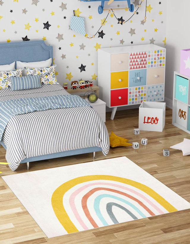 Ivory 7' 10 x 7' 10 Whimsy Kids Square Area Rug for Baby Nursery, Toddler Playroom, Bedrooms Playful Fun Design Easy Clean Carpet for Sale at Rug Engine