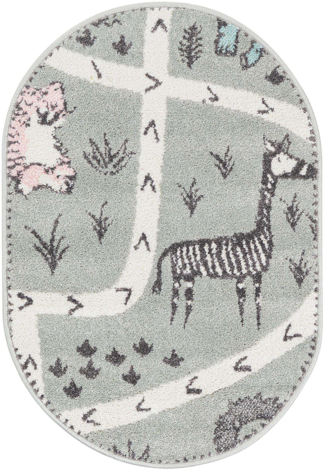 Gray 2' 2 x 3' 1 Whimsy Kids Oval Area Rug for Baby Nursery, Toddler Playroom, Bedrooms Playful Fun Design Easy Clean Carpet for Sale at Rug Engine