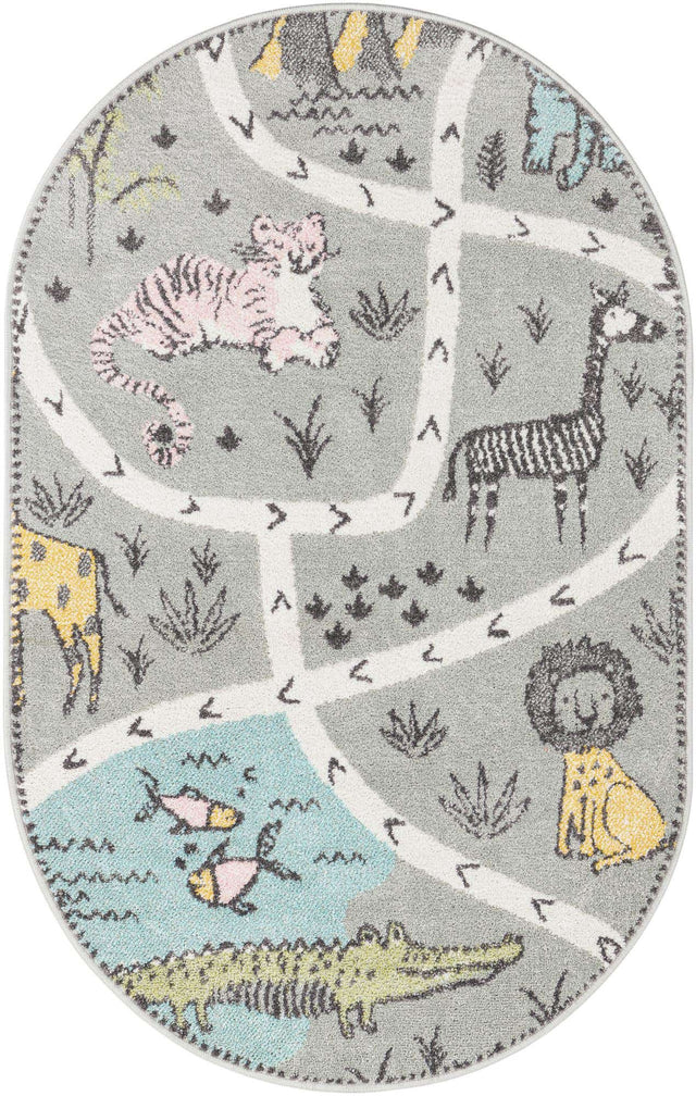 Gray 3' 3 x 5' 3 Whimsy Kids Oval Area Rug for Baby Nursery, Toddler Playroom, Bedrooms