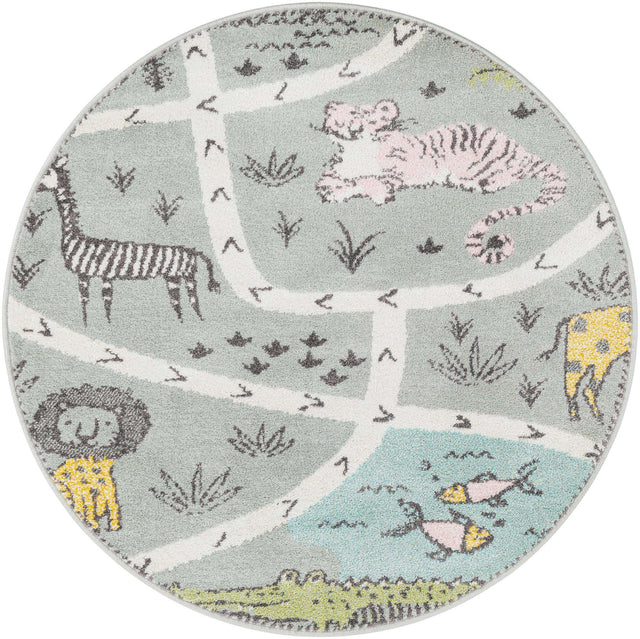 Gray 4' 1 x 4' 1 Whimsy Kids Round Area Rug for Baby Nursery, Toddler Playroom, Bedrooms