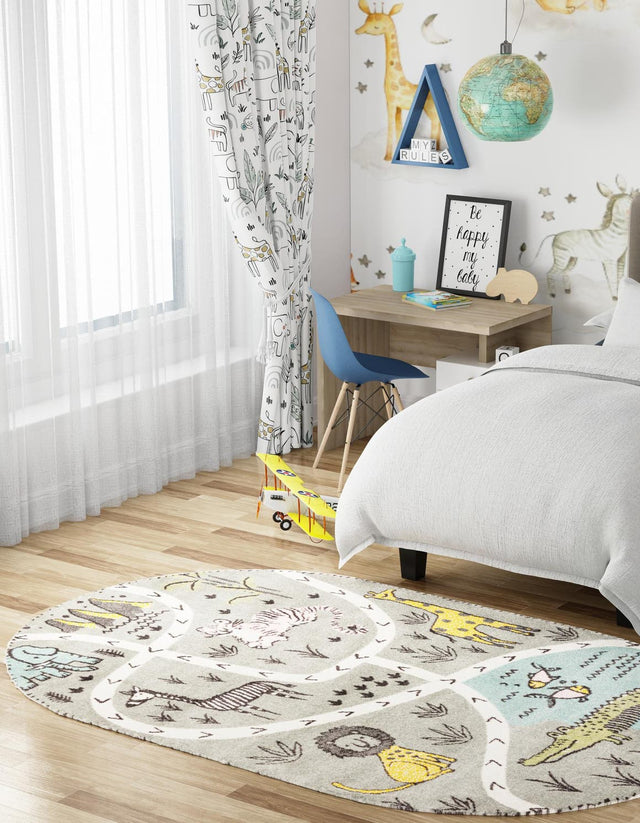 Gray 2' 2 x 3' 1 Whimsy Kids Oval Area Rug for Baby Nursery, Toddler Playroom, Bedrooms Playful Fun Design Easy Clean Carpet for Sale at Rug Engine