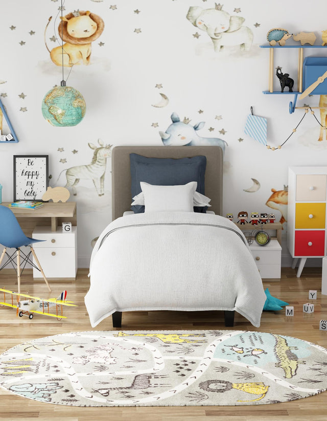 Gray 3' 3 x 5' 3 Whimsy Kids Oval Area Rug for Baby Nursery, Toddler Playroom, Bedrooms