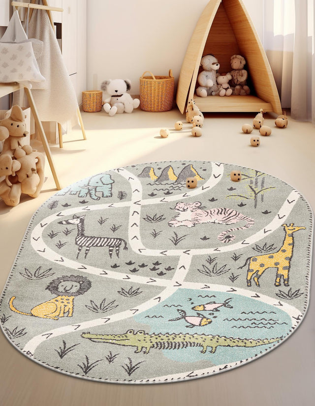 Gray 2' 2 x 3' 1 Whimsy Kids Oval Area Rug for Baby Nursery, Toddler Playroom, Bedrooms Playful Fun Design Easy Clean Carpet for Sale at Rug Engine
