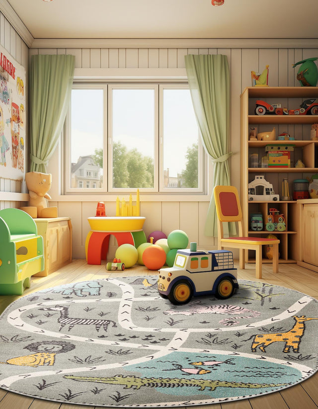 Gray 5' 3 x 8' Whimsy Kids Oval Area Rug for Baby Nursery, Toddler Playroom, Bedrooms