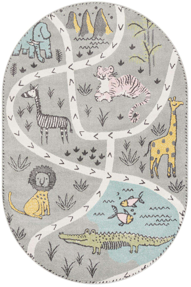 Gray 5' 3 x 8' Whimsy Kids Oval Area Rug for Baby Nursery, Toddler Playroom, Bedrooms