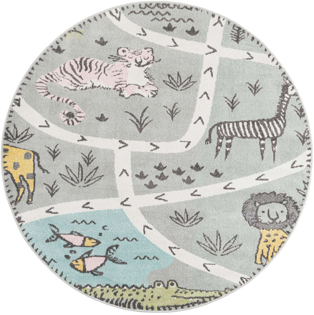 Gray 6' 1 x 6' 1 Whimsy Kids Round Area Rug for Baby Nursery, Toddler Playroom, Bedrooms