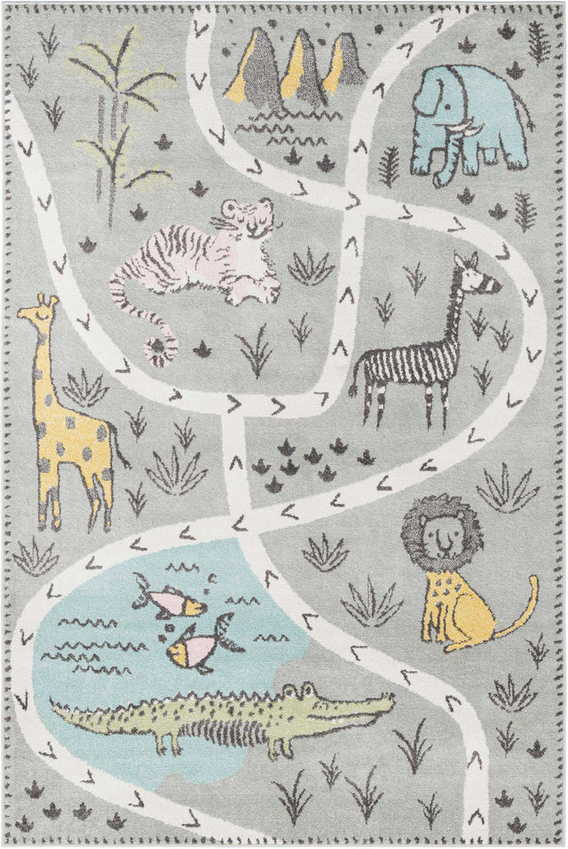 Gray 6' 1 x 9' Whimsy Kids Rectangle Area Rug for Baby Nursery, Toddler Playroom, Bedrooms