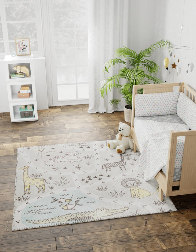 Gray 7' 10 x 7' 10 Whimsy Kids Square Area Rug for Baby Nursery, Toddler Playroom, Bedrooms