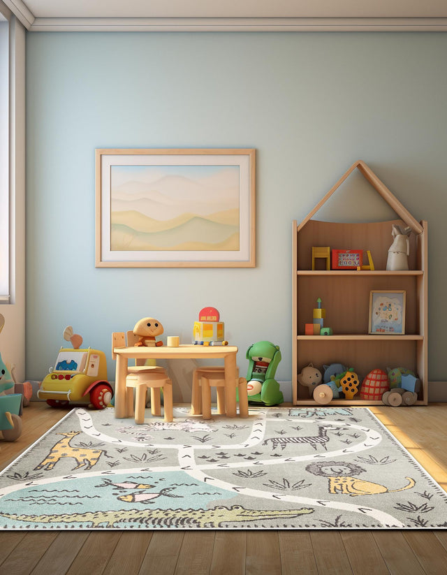 Gray 7' 10 x 7' 10 Whimsy Kids Square Area Rug for Baby Nursery, Toddler Playroom, Bedrooms