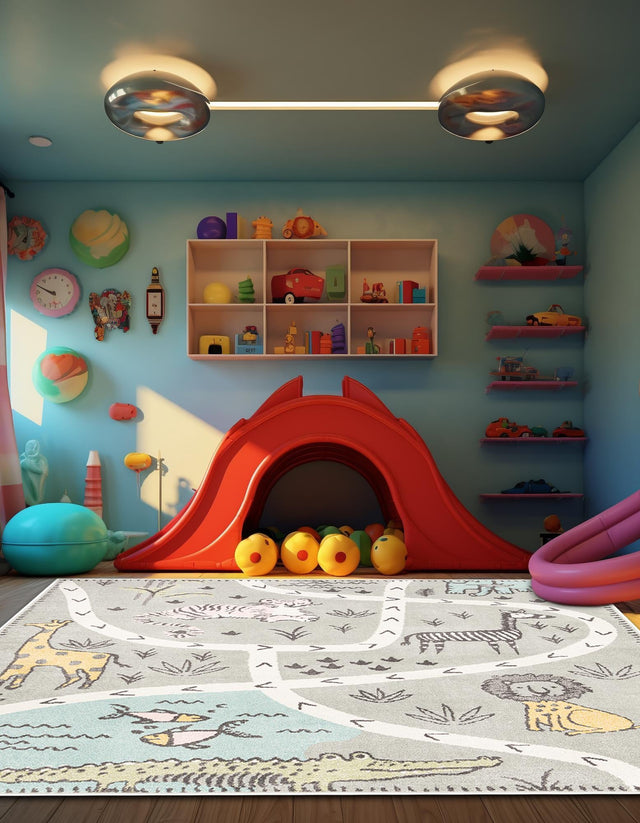 Gray 7' 10 x 7' 10 Whimsy Kids Square Area Rug for Baby Nursery, Toddler Playroom, Bedrooms