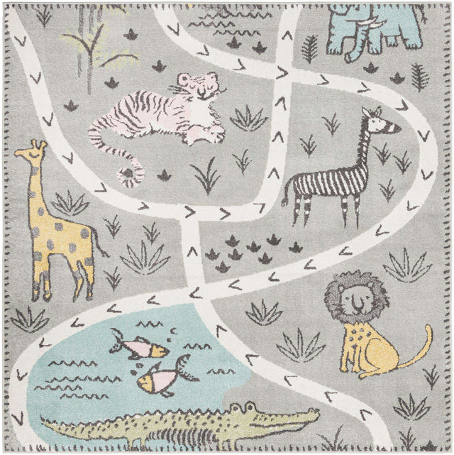 Gray 7' 10 x 7' 10 Whimsy Kids Square Area Rug for Baby Nursery, Toddler Playroom, Bedrooms