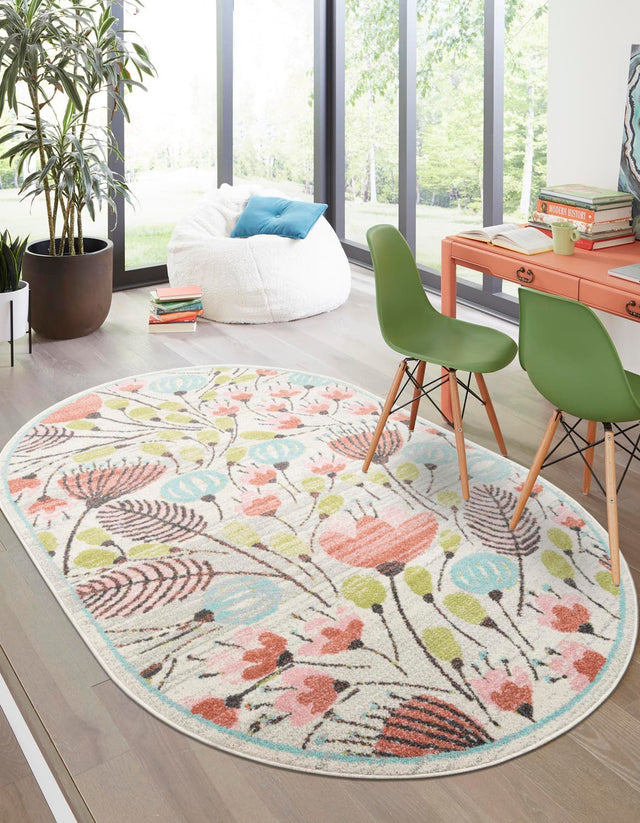 Ivory 5' 3 x 8' Whimsy Kids Oval Area Rug for Baby Nursery, Toddler Playroom, Bedrooms Playful Fun Design Easy Clean Carpet for Sale at Rug Engine